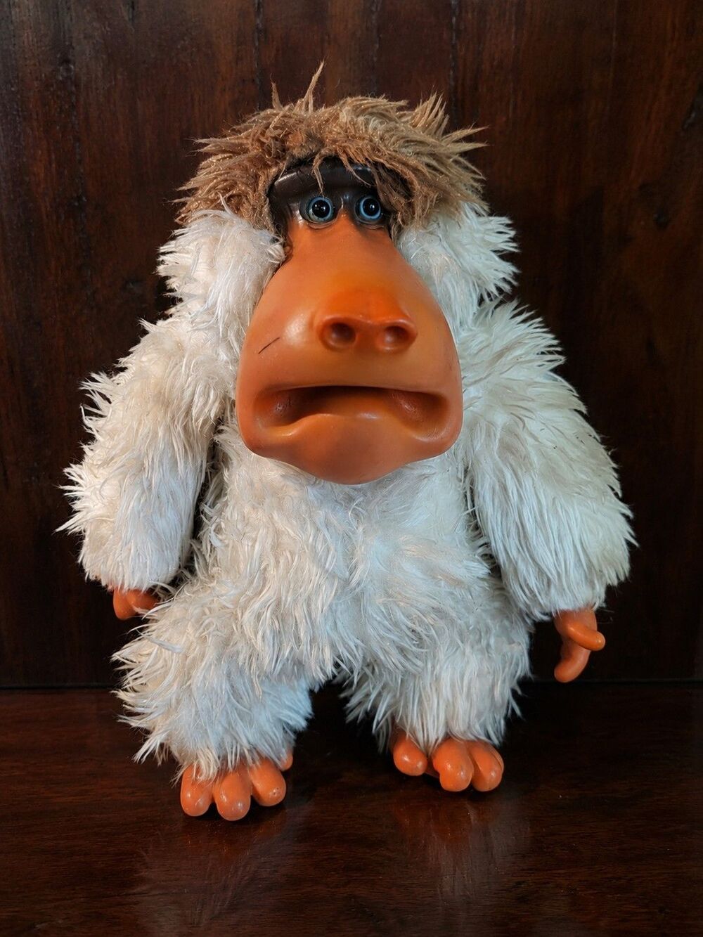 Vintage GUND Rubber Face Monkey Ape Plush White Fur Blue Eyes Baboon Toy